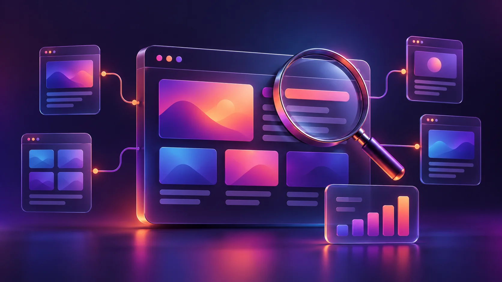Иллюстрация SEO: страница сайта под лупой, связанные страницы и панель показателей